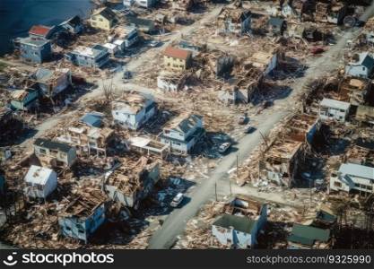 Aftermath of a natural disaster in this aerial view of a town ravaged by a hurricane. Homes and buildings destroyed, roads impassable, and communities left in disarray. Generative AI.. Hurricane devastation