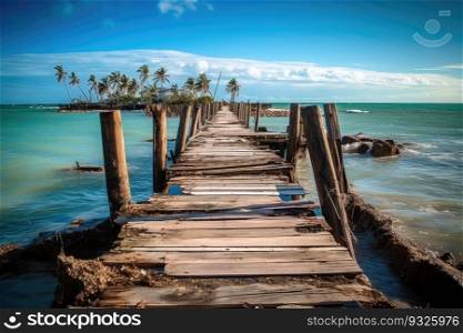 Aftermath of a powerful hurricane, which has left a once-sturdy wooden structure battered and broken. Generative AI.. Wooden coastal structure damaged by a recent hurricane 