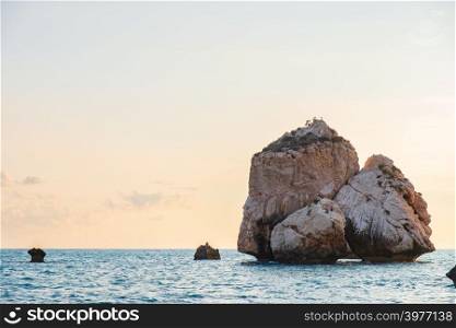 Afternoon view of the seascape around Petra tou Romiou, in Paphos, Cyprus. It is considered to be Aphrodite&rsquo;s birthplace in Greek mythology.