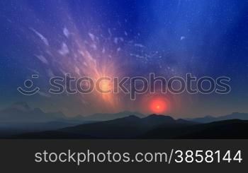 Against foggy hills in the sky the bright star surrounded with red light. Round it flashout of light and rotation.