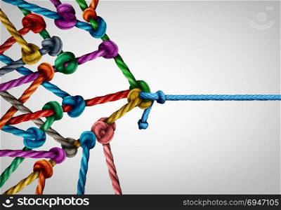 Against many business concept as one underdog single rope pulling in a tug of war with a large group of ropes tied together as a power and leader metaphor.