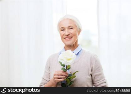 age, holidays and people concept - happy smiling senior woman with white rose flower at home