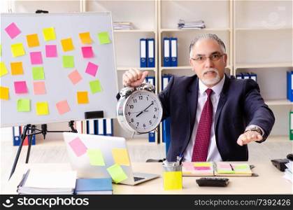 Aged man employee in conflicting priorities concept 