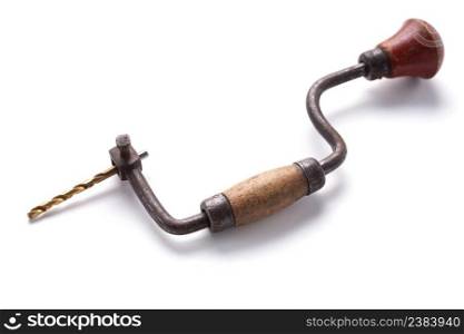 Aged mechanic drill tool for worker isolated on white background. Woodworking hand tools for jointer