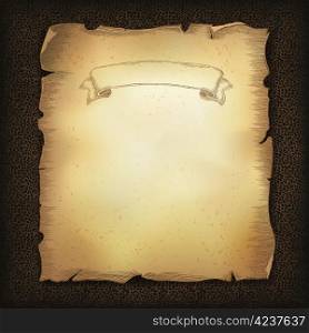 Aged old scroll parchment with ribbon image on dark brown leather texture. Vector illustration, EPS10