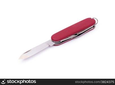 aged red multifunction army knife on glossy white background
