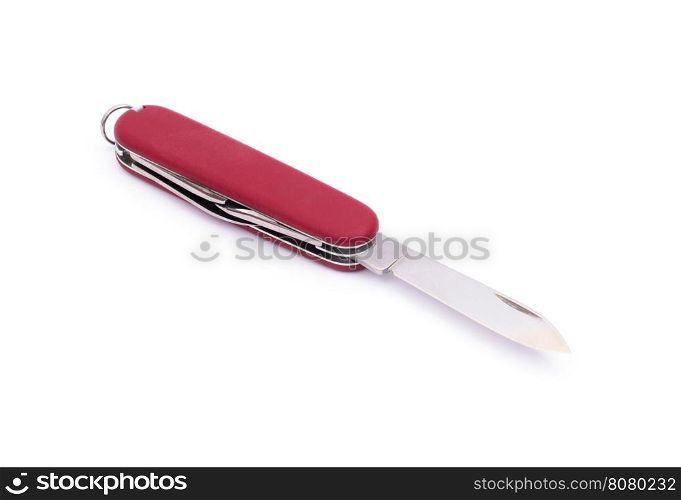 aged red multifunction army knife on glossy white background