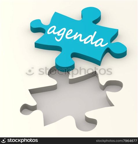 Agenda word on blue puzzle image with hi-res rendered artwork that could be used for any graphic design.. Solution blue puzzle