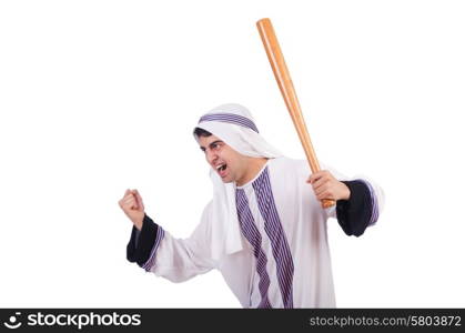 Aggressive arab man with baseball bat on white