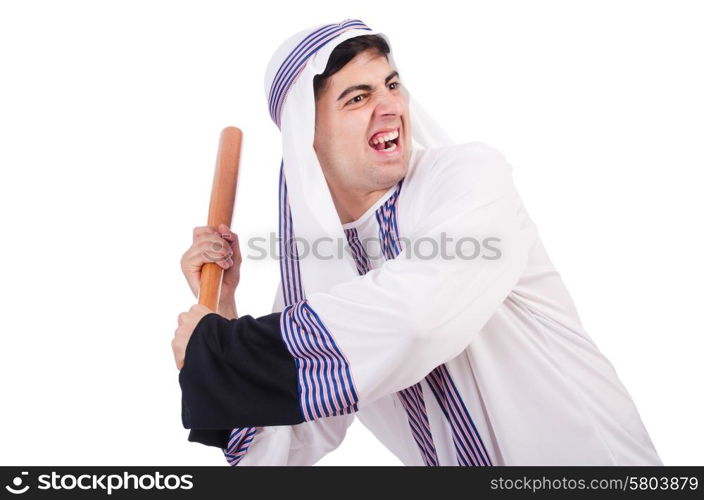 Aggressive arab man with baseball bat on white