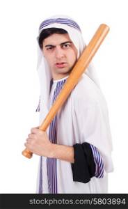 Aggressive arab man with baseball bat on white