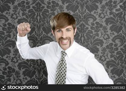 aggressive funny retro mustache businessman on vintage wallpaper