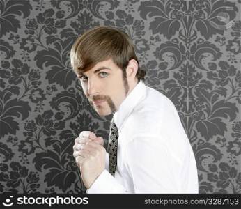 aggressive funny retro mustache businessman on vintage wallpaper