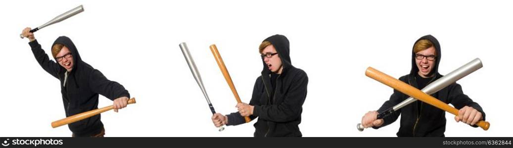Aggressive man with baseball bat isolated on white