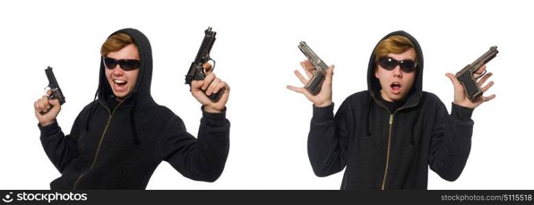Aggressive man with gun isolated on white