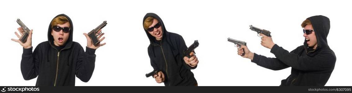 Aggressive man with gun isolated on white