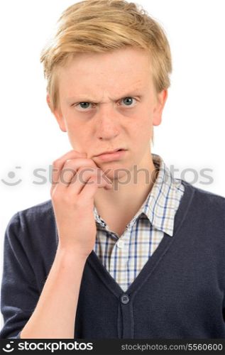 Aggressive teenage boy isolated over white background