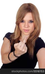 Aggressive woman making an insulting gesture isolated on white background_With focus on finger_