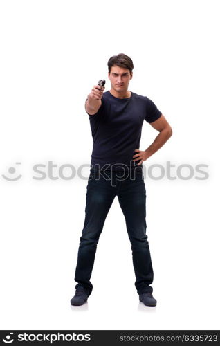 Aggressive young man with gun isolated on white