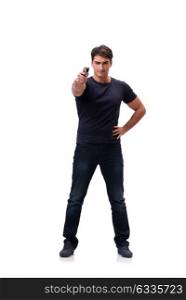 Aggressive young man with gun isolated on white