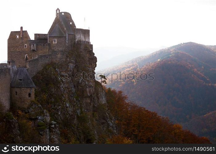 AGGSTEIN/ AUSTRIA OCTOBER 25, 2019: autumn evening view of Aggstein castle ruins and the famous Wachau Valley, Austria