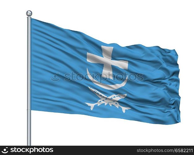 Agidel City Flag On Flagpole, Country Russia, Isolated On White Background. Agidel City Flag On Flagpole, Russia, Isolated On White Background