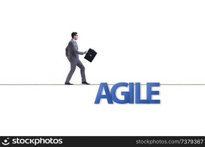 Agile transformation concept with businessman walking on tight rope. Agile transformation concept with businessman walking on tight r
