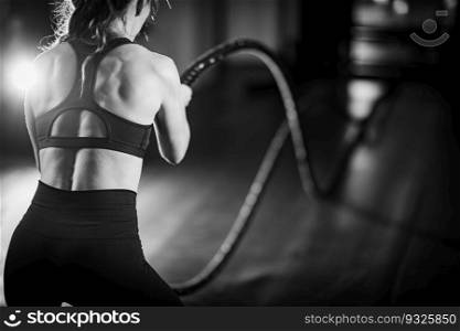 Agility training, woman exercising with rope in a gym. 