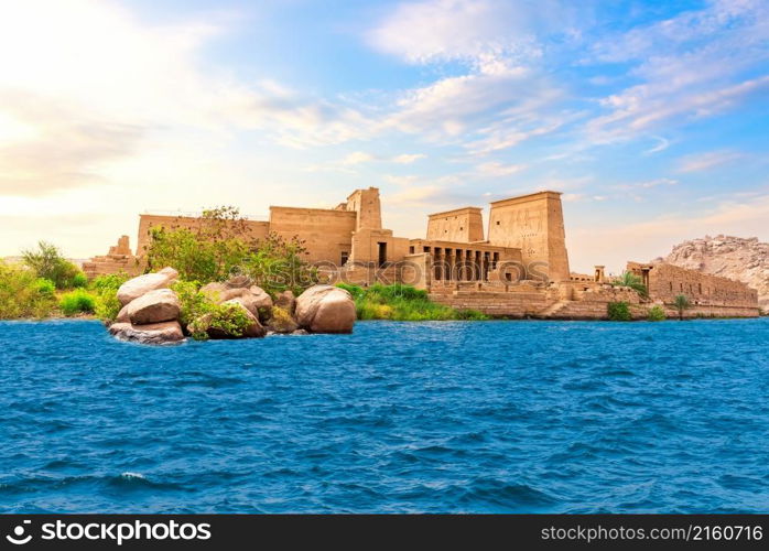 Agilkia Island of the Nile, view on the Philae Temple, Aswan, Egypt.