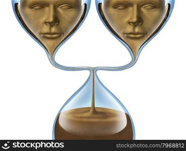 Aging group and getting old together as as a partner couple represented by an hourglass shaped as two human heads losing time and relationship isolated on a white background.&#xA;health and