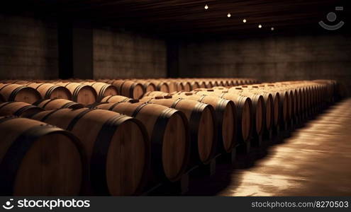 Aging Wine in a Wooden Barrel Room. Generative AI