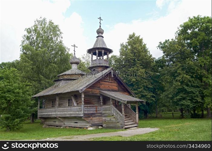 aging wooden chapel in village. Novgorod, Russia