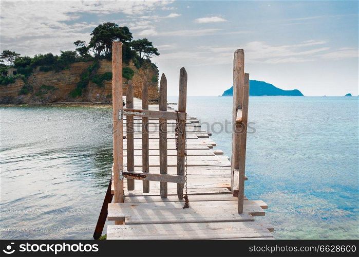Agios Sostis island and bridge with gate, beautiful detail of Zakinthos island, Greece. Beautiful lanscape of Zakinthos island