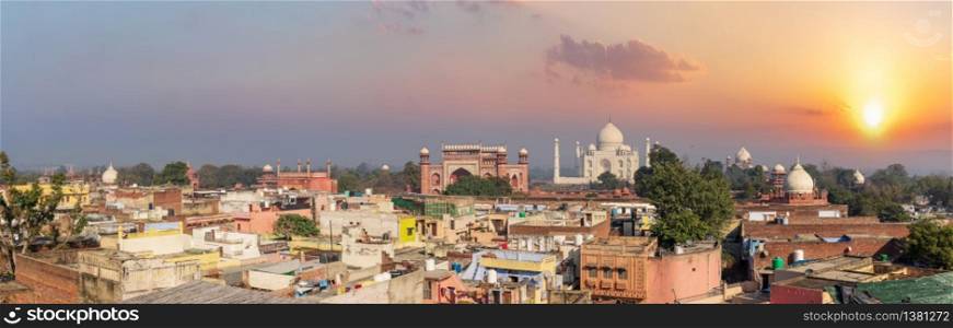 Agra city and Taj Mahal sunset panorama, India.