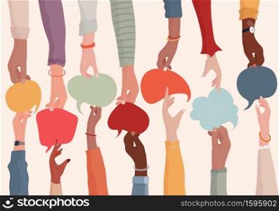 Agreement or affair between a group of colleagues or collaborators.Diversity People who exchange information.Arms and hands holding speech bubble.Concept of sharing and exchange.Community