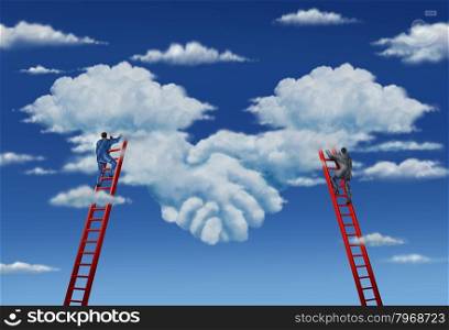 Agreement plan and business deal with a business group of two businessmen climbing ladders working together in partnership to shape clouds in the sky as a symbolic handshake.