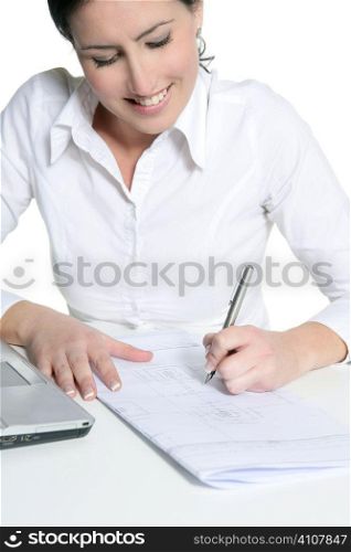 Agreement sign woman signing document isolated on white