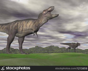 Agressive tyrannosaurus dinosaur shouting at another that is escaping in a green mountain landscape by cloudy day