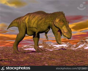 Agressive tyrannosaurus dinosaur walking in the desert by orange cloudy winter day with its mouth open showing his teeth