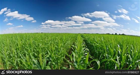 Agricultural corn field on sunny summer day. Generative AI.. Agricultural corn field on sunny summer day. Generative AI