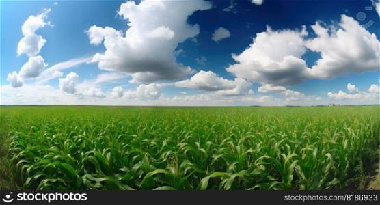 Agricultural corn field on sunny summer day. Generative AI.. Agricultural corn field on sunny summer day. Generative AI
