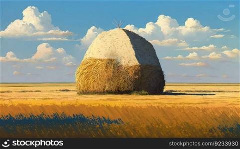 Agricultural farm field with harvested haystacks. Graphic illustration. Header banner mockup with copy space.AI generated.. Agricultural farm field with harvested haystacks. Graphic illustration. AI generated.