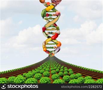 Agricultural genetics and GMO farming or genetically modified crops or growing food biotechnology science and farm yield technology with 3D illustration elements.