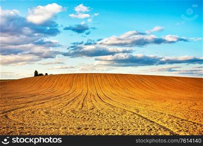 Agricultural landscape, arable crop field after mechanized planting. Linear plowed agriculture on hills. Minsk region, Belarus