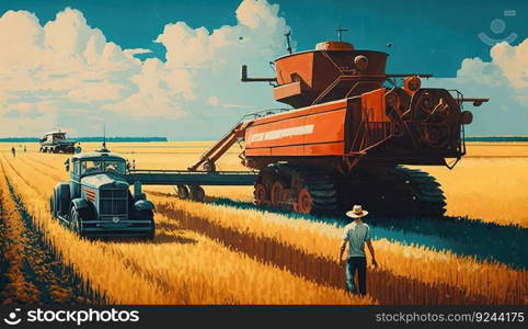 Agricultural machinery is driving in the field while harvesting. Graphic illustration. Header banner mockup with copy space.AI generated.. Agricultural machinery is driving in the field while harvesting. Graphic illustration. AI generated.