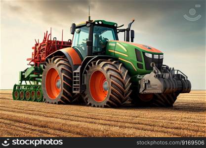 agricultural machinery, tractor on the field harvesting sowing illustration Generative AI.