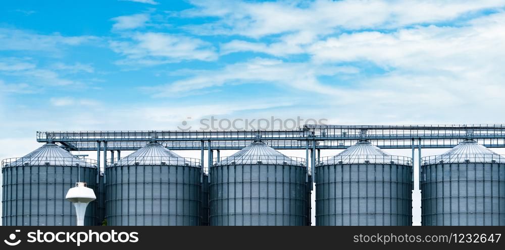 Agricultural silo at feed mill factory. Big tank for store grain in feed manufacturing. Seed stock tower for animal feed production. Commercial feed for livestock, swine and fish industries.
