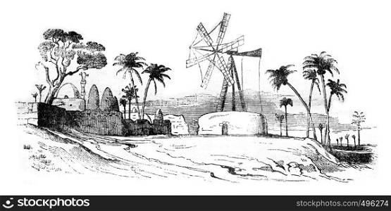 Agriculture in Egypt, Egyptian mill, vintage engraved illustration. Magasin Pittoresque 1841.