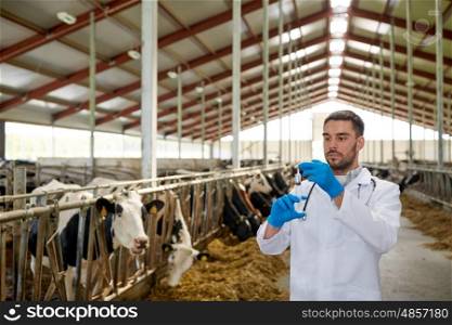 agriculture industry, farming, medicine, animal vaccination and people concept - veterinarian or doctor with syringe vaccinating cows in cowshed on dairy farm