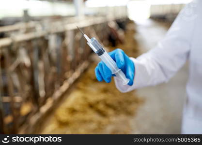 agriculture industry, farming, medicine, animal vaccination and people concept - veterinarian or doctor hand with vaccine in syringe at cowshed on dairy farm. veterinarian hand with vaccine in syringe on farm